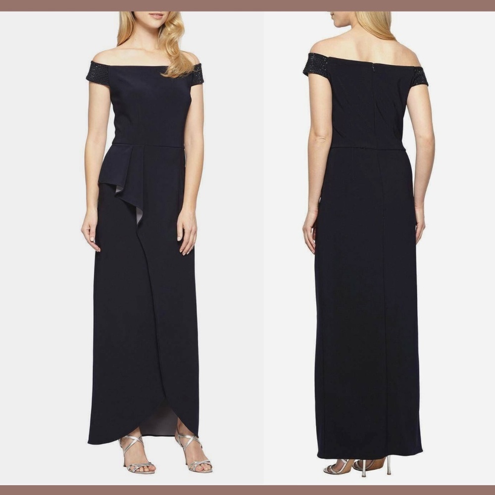 NWT Alex Evenings Embellished Off the‎ Shoulder Gown in Deep Navy [SZ 10 ]